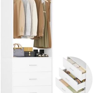 Aheaplus 2FT White Closet Organizer System with 3 Drawers - Ideal for Walk-in or Small Closets, Wood Clothes Rack with H