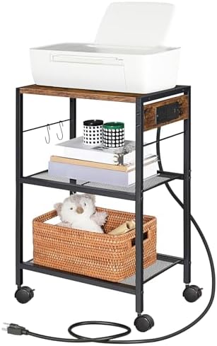 HOOBRO Industrial Printer Stand - 3-Tier Rolling Cart with Power Outlets & USB Ports - Mobile Home Office Printer Table