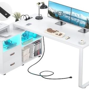 Homieasy L Shaped Desk - 55 Inch Reversible Corner Computer Desk with File Cabinet & Power Outlet, LED Strip, Suitable f