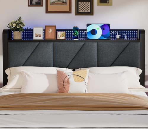 Furnulem Full Bed Frame with LED Lights | Upholstered Platform Bed with Charging Station & USB Port | Metal Support, No