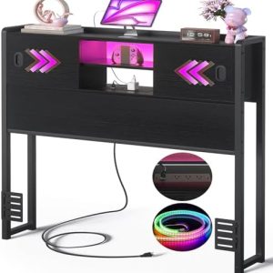 Homieasy Twin Size Headboard with Storage - Sturdy Bookcase Design with USB Outlet & LED Light, Sliding Doors, Perfect f