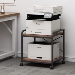 Under Desk Printer Stand - Height Adjustable 2 Tier Rolling Printer Cart with Wheels for Home Office - Rustic Brown - La