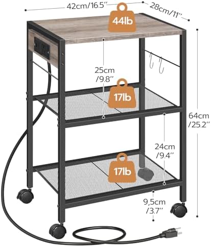 HOOBRO Industrial Printer Stand - 3-Tier Rolling Cart with Power Outlets & USB Ports - Mobile Home Office Printer Table