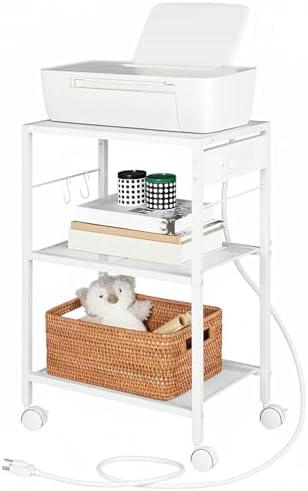 HOOBRO Industrial Printer Stand - 3-Tier Rolling Cart with Power Outlets & USB Ports - Mobile Home Office Printer Table