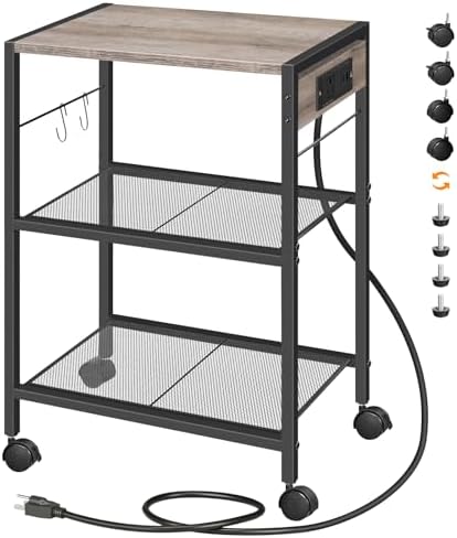 HOOBRO Industrial Printer Stand - 3-Tier Rolling Cart with Power Outlets & USB Ports - Mobile Home Office Printer Table