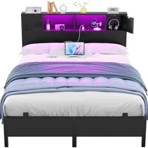 Homieasy Full Size Bed Frame with Storage | Industrial Metal Platform Bed with LED Lights & Charging Station | Noise-Fre