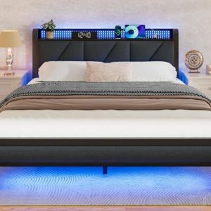 Furnulem Full Bed Frame with LED Lights | Upholstered Platform Bed with Charging Station & USB Port | Metal Support, No