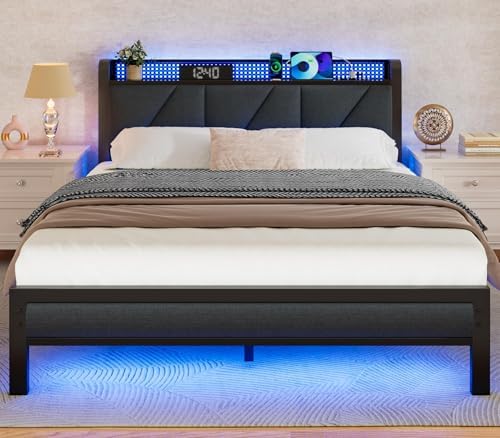 Furnulem Full Bed Frame with LED Lights | Upholstered Platform Bed with Charging Station & USB Port | Metal Support, No