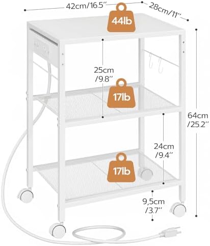 HOOBRO Industrial Printer Stand - 3-Tier Rolling Cart with Power Outlets & USB Ports - Mobile Home Office Printer Table