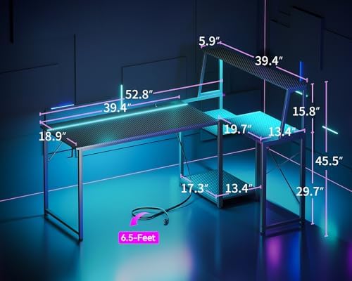 MOTPK 45 Inch L Shaped Gaming Desk - Carbon Fiber Surface, Power Outlet & LED Lights - Ideal for Gamers & Home Office -