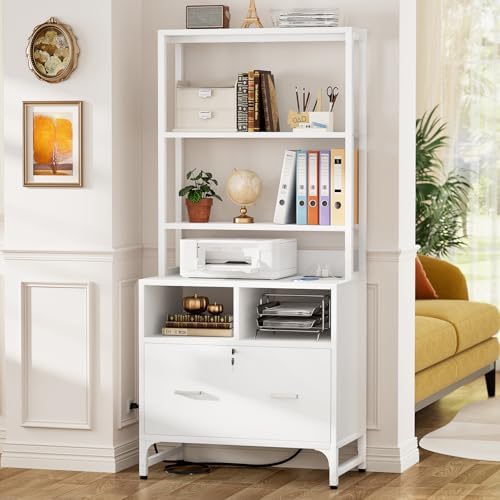 Homieasy File Cabinet with Charging Station for Office - Vertical Filing Cabinet with Lock, Large Drawer & Storage Shelv