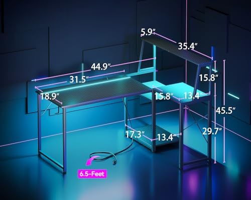 MOTPK 45 Inch L Shaped Gaming Desk - Carbon Fiber Surface, Power Outlet & LED Lights - Ideal for Gamers & Home Office -