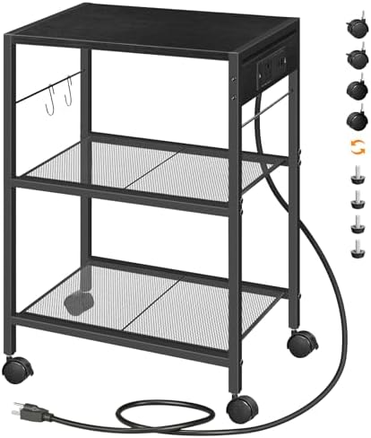 HOOBRO Industrial Printer Stand - 3-Tier Rolling Cart with Power Outlets & USB Ports - Mobile Home Office Printer Table