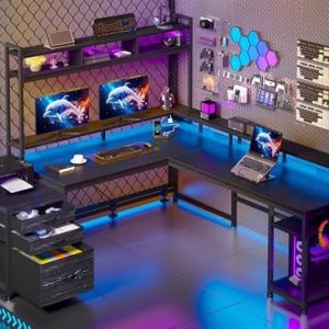 EnHomee L Shaped Gaming Desk 64x60 Inches with Hutch & Drawers - Power Outlet & LED Lights - Black Two Person Computer D