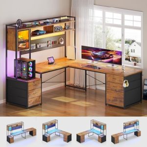 SEDETA L Shaped Gaming Desk - Reversible Computer Office Desk with 6 Drawers & Hutch, LED Lights, Power Outlet - Rustic