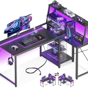 MOTPK 45 Inch L Shaped Gaming Desk - Carbon Fiber Surface, Power Outlet & LED Lights - Ideal for Gamers & Home Office -