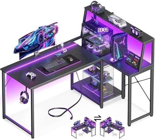 MOTPK 45 Inch L Shaped Gaming Desk - Carbon Fiber Surface, Power Outlet & LED Lights - Ideal for Gamers & Home Office -