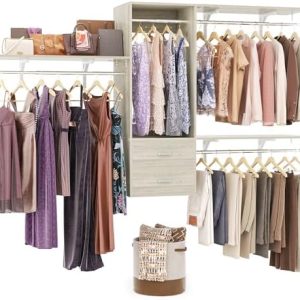 Homieasy 8FT Walk In Closet Organizer System - Customizable with 3 Wing Shelves & Drawers, Wall Mounted Wood Clothes Rac