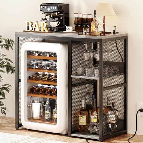 Homieasy Mini Fridge Bar Cabinet with Power Outlet – Coffee Bar Stand with Microwave Shelf & Wine Rack for Kitchen, Dorm