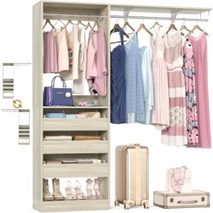 Homieasy 60 Inch Adjustable Closet Organizer System - Walk-in Wardrobe with Storage Wing Shelf, 3 Drawers, 2 Hanging Clo