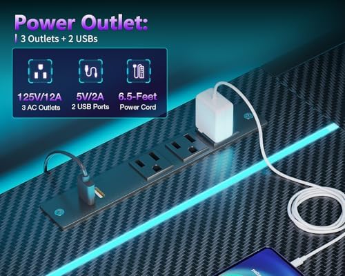 MOTPK 45 Inch L Shaped Gaming Desk - Carbon Fiber Surface, Power Outlet & LED Lights - Ideal for Gamers & Home Office -