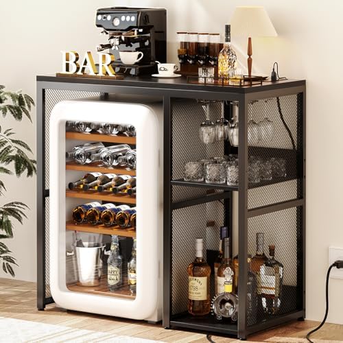 Homieasy Mini Fridge Bar Cabinet with Power Outlet – Coffee Bar Stand with Microwave Shelf & Wine Rack for Kitchen, Dorm