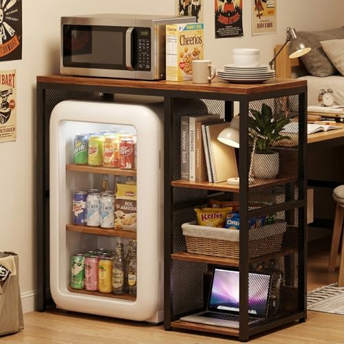 Homieasy Mini Fridge Bar Cabinet with Power Outlet – Coffee Bar Stand with Microwave Shelf & Wine Rack for Kitchen, Dorm