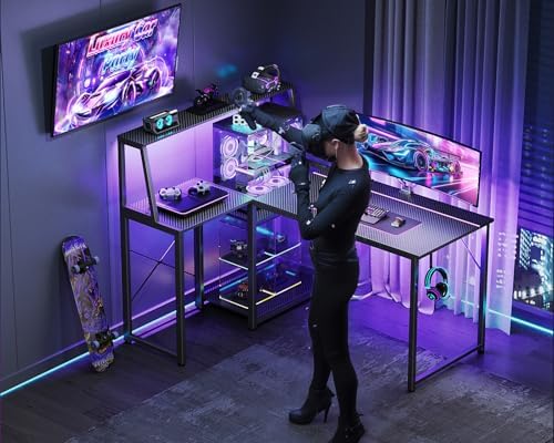 MOTPK 45 Inch L Shaped Gaming Desk - Carbon Fiber Surface, Power Outlet & LED Lights - Ideal for Gamers & Home Office -