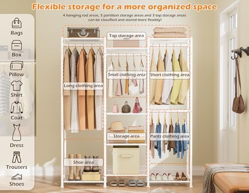 HOMIDEC Wardrobe Closet, 4 Hanging Spaces Portable Clothes Rack for Bedroom & Cloakroom, Free Standing Organizer with Du
