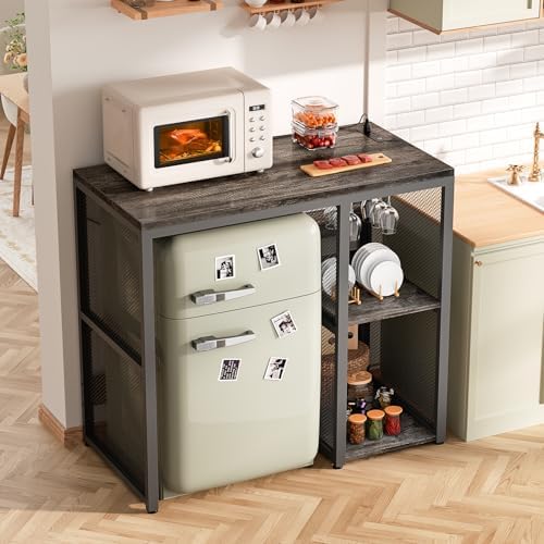 Homieasy Mini Fridge Bar Cabinet with Power Outlet – Coffee Bar Stand with Microwave Shelf & Wine Rack for Kitchen, Dorm