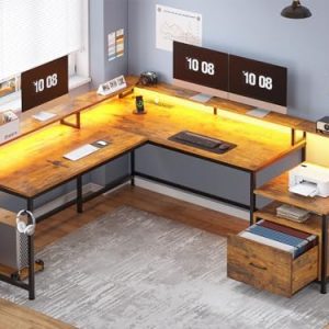 SEDETA L Shaped Office Desk - 66" Corner Computer Desk with Wood File Drawer & Power Outlet - Ideal for Home Office & Ga