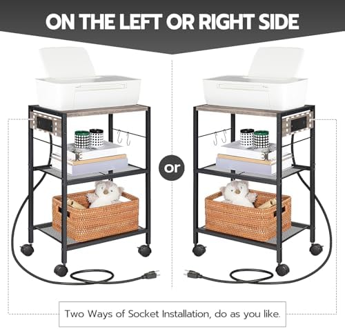 HOOBRO Industrial Printer Stand - 3-Tier Rolling Cart with Power Outlets & USB Ports - Mobile Home Office Printer Table