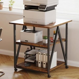 3-Tier Industrial Printer Stand | Large Rolling Printer Cart with Storage for Heat Press, Scanner, and Fax | Brown Finis