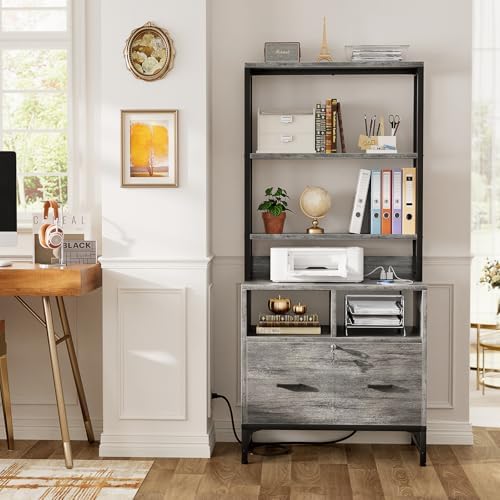 Homieasy File Cabinet with Charging Station for Office - Vertical Filing Cabinet with Lock, Large Drawer & Storage Shelv