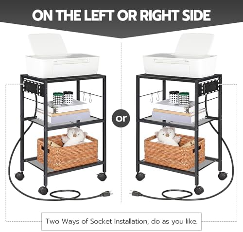 HOOBRO Industrial Printer Stand - 3-Tier Rolling Cart with Power Outlets & USB Ports - Mobile Home Office Printer Table