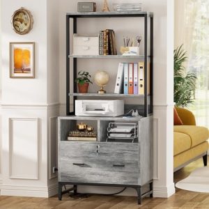 Homieasy File Cabinet with Charging Station for Office - Vertical Filing Cabinet with Lock, Large Drawer & Storage Shelv