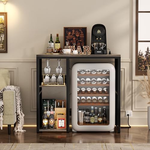 Homieasy Mini Fridge Bar Cabinet with Power Outlet – Coffee Bar Stand with Microwave Shelf & Wine Rack for Kitchen, Dorm