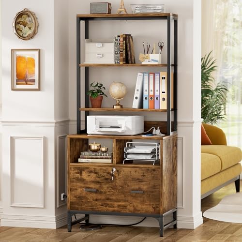 Homieasy File Cabinet with Charging Station for Office - Vertical Filing Cabinet with Lock, Large Drawer & Storage Shelv