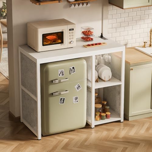 Homieasy Mini Fridge Bar Cabinet with Power Outlet – Coffee Bar Stand with Microwave Shelf & Wine Rack for Kitchen, Dorm