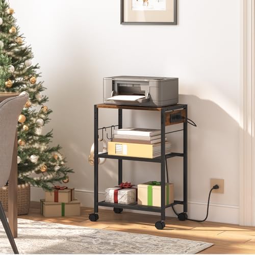 HOOBRO Industrial Printer Stand - 3-Tier Rolling Cart with Power Outlets & USB Ports - Mobile Home Office Printer Table