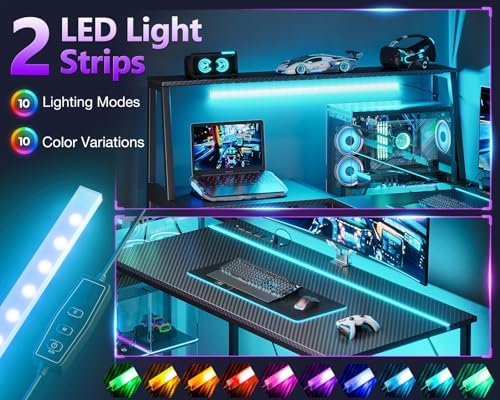 MOTPK 45 Inch L Shaped Gaming Desk - Carbon Fiber Surface, Power Outlet & LED Lights - Ideal for Gamers & Home Office -