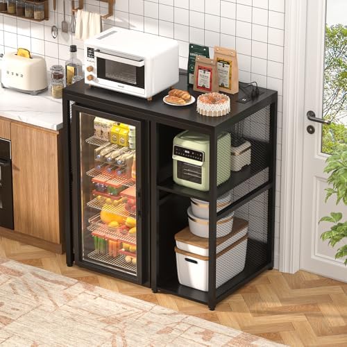 Homieasy Mini Fridge Bar Cabinet with Power Outlet – Coffee Bar Stand with Microwave Shelf & Wine Rack for Kitchen, Dorm