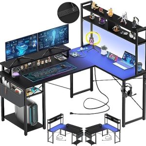 Aheaplus L-Shaped Gaming Desk with LED Lights | Small Corner Computer Desk with Monitor Stand & Storage Shelf | Black Ho