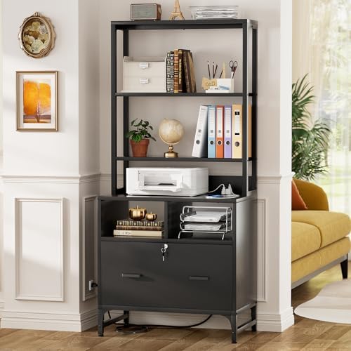 Homieasy File Cabinet with Charging Station for Office - Vertical Filing Cabinet with Lock, Large Drawer & Storage Shelv