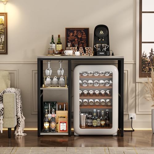 Homieasy Mini Fridge Bar Cabinet with Power Outlet – Coffee Bar Stand with Microwave Shelf & Wine Rack for Kitchen, Dorm