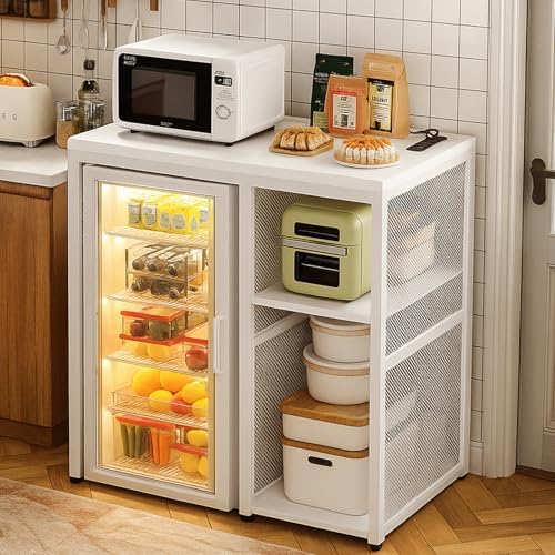 Homieasy Mini Fridge Bar Cabinet with Power Outlet – Coffee Bar Stand with Microwave Shelf & Wine Rack for Kitchen, Dorm