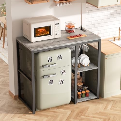 Homieasy Mini Fridge Bar Cabinet with Power Outlet – Coffee Bar Stand with Microwave Shelf & Wine Rack for Kitchen, Dorm