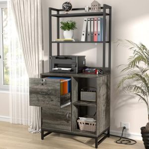 Homieasy Vertical Filing Cabinet with Lock & Charging Station, Large Drawer Wood File Cabinet for Home Office, Grey Oak