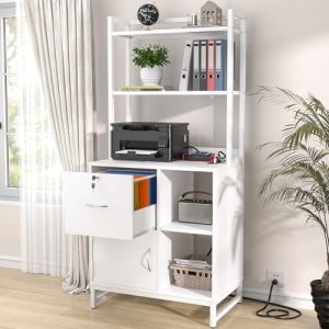 Homieasy Vertical Filing Cabinet with Lock & Charging Station - Large Wood File Cabinet with Bookshelf & Open Storage Sh