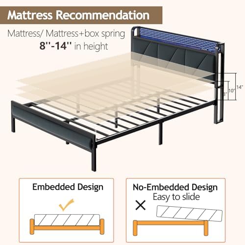 Furnulem Full Bed Frame with LED Lights | Upholstered Platform Bed with Charging Station & USB Port | Metal Support, No